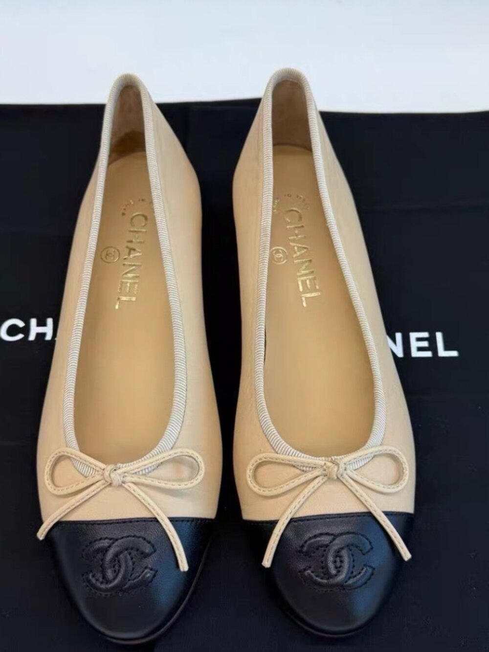 Chanel Timeless Beige Lambskin Black Toe Bow Ballet Flats